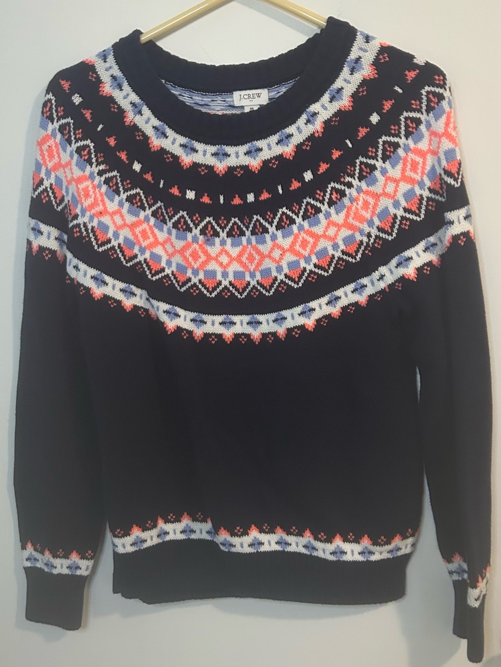 J. Crew M Navy Alpine Fair Isle Crewneck Sweater with Coral & Light Blue Accents